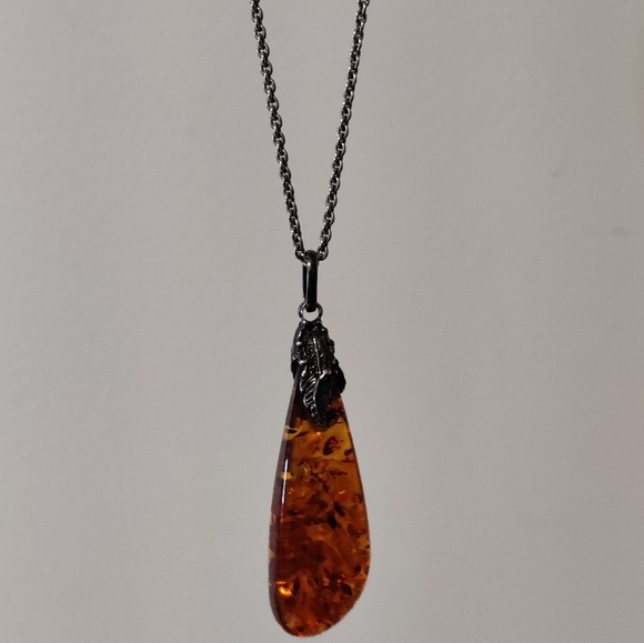 Art Nouveau Style Amber Pendant Silver Necklace - Picture 10 of 14